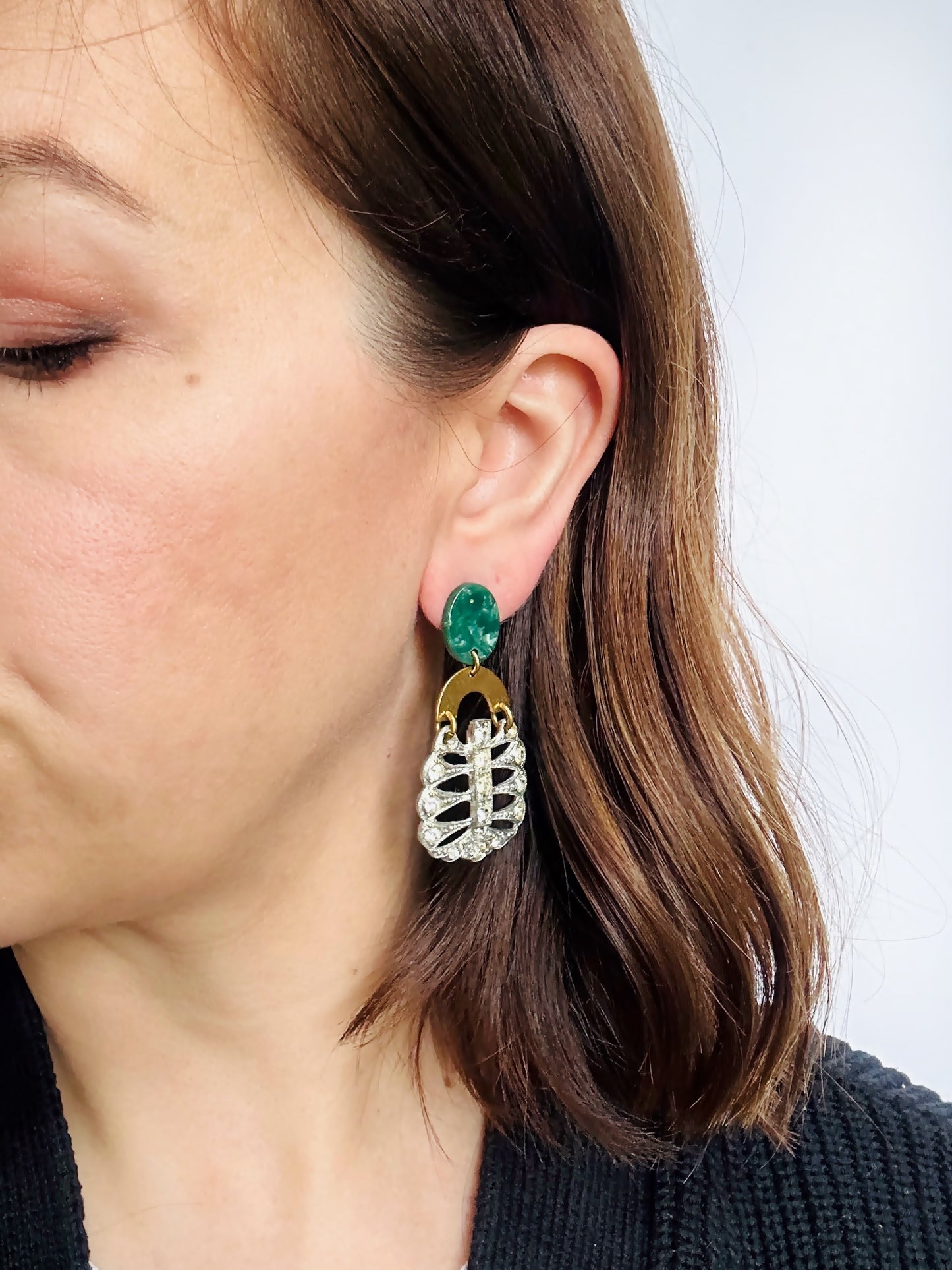 Repurposed vintage clear rhinestone earrings with brass and green acetate posts