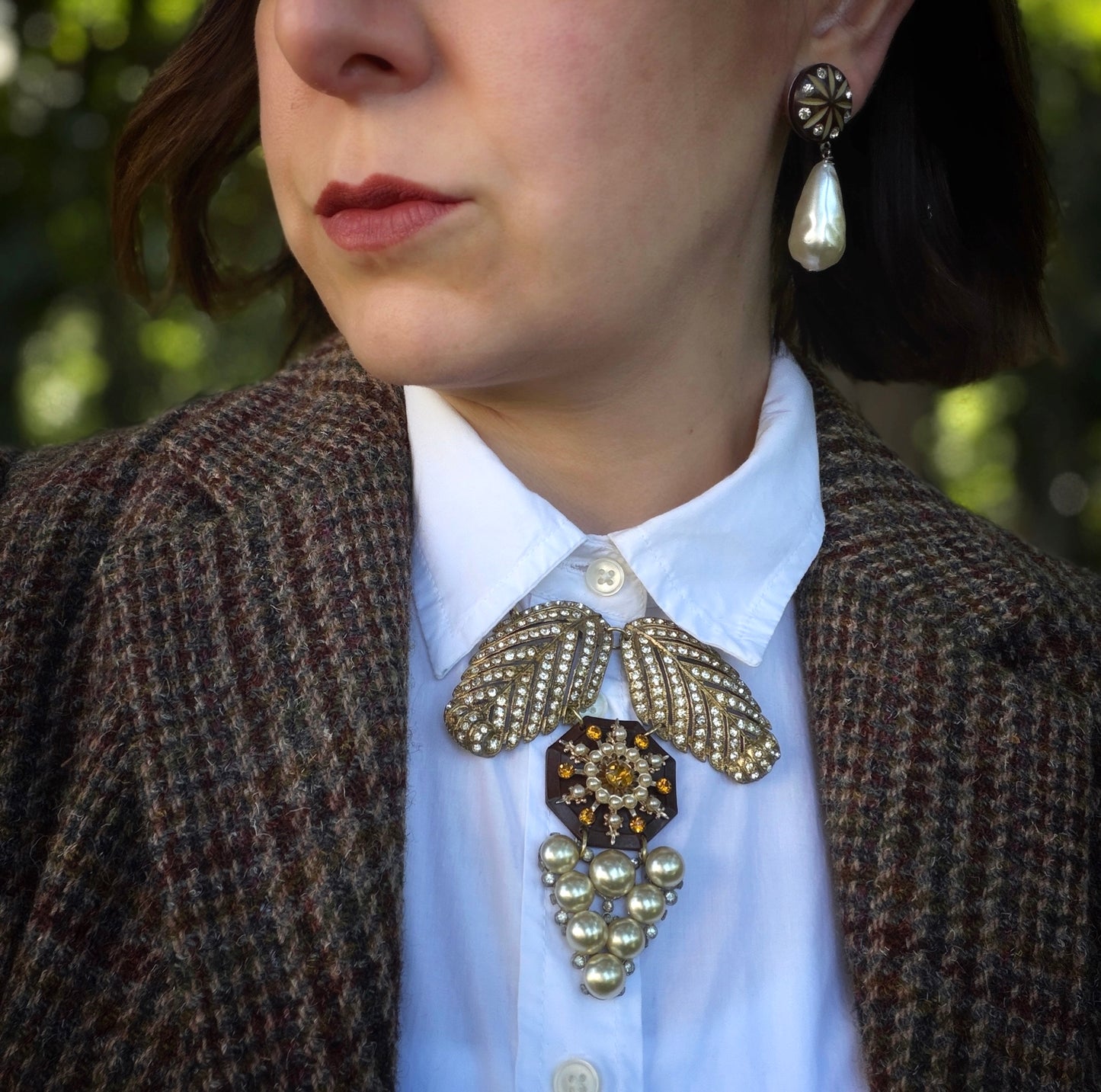 Refashioned vintage carved button and oversized pearl drop earrings