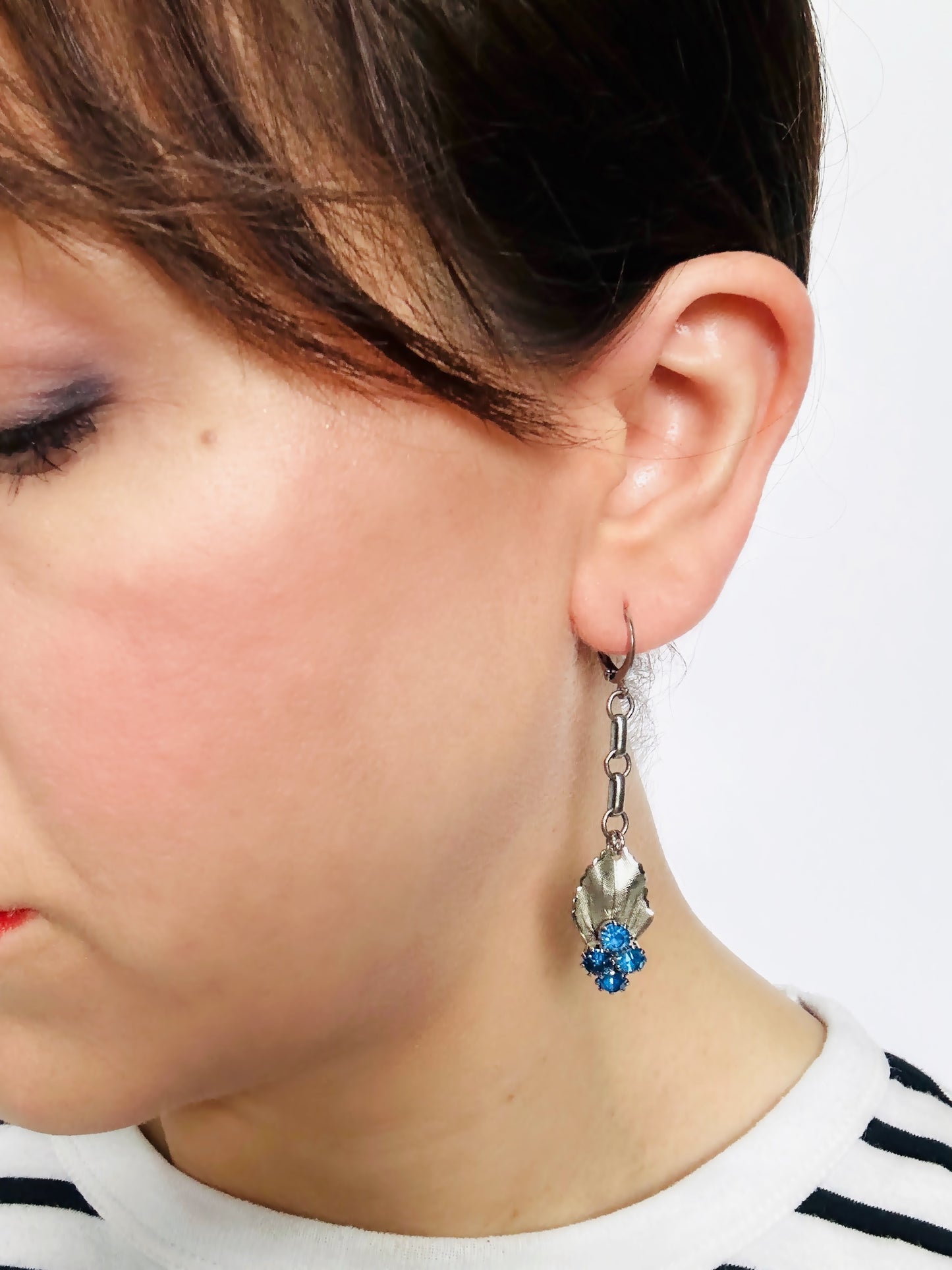 Refashioned vintage blue rhinestone silver leaf drop earrings