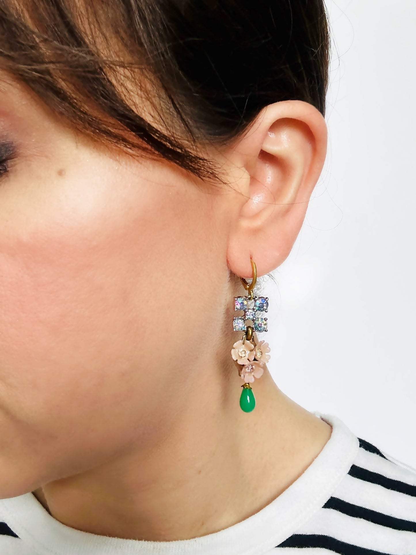 Refashioned vintage iridescent rhinestone, pink floral, and green teardrop assemblage earrings