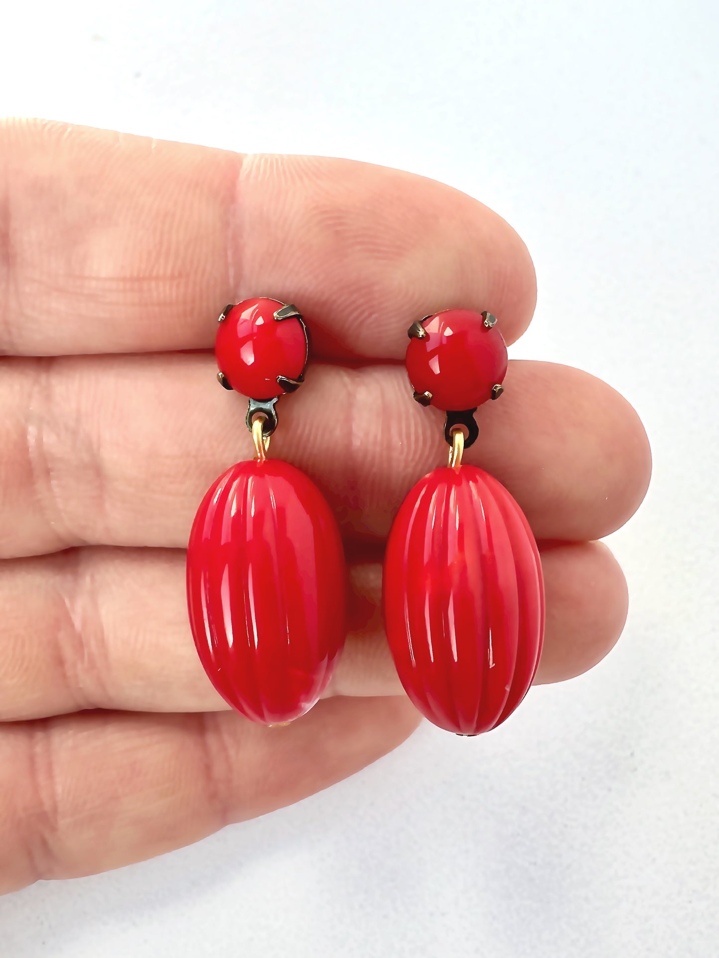 Refashioned red vintage fluted oblong bead earrings with red opaque glass posts