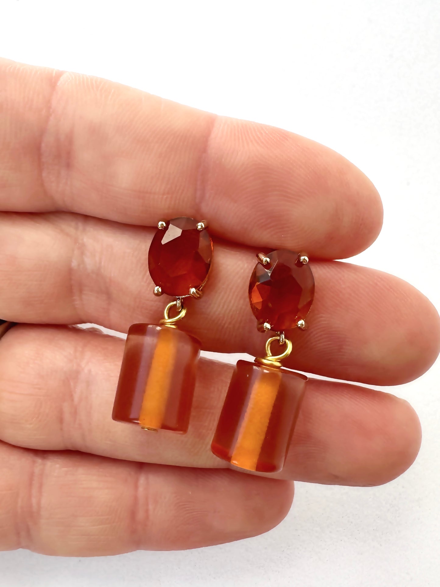 Refashioned cognac cylinder beaded earrings with topaz crystal post