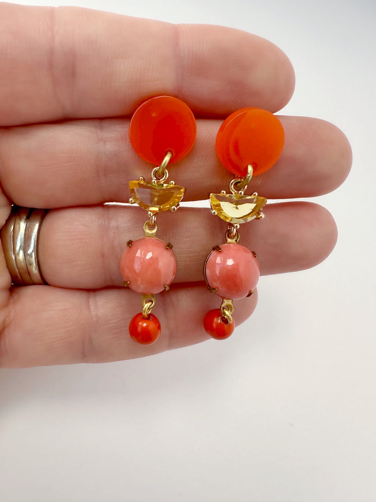 Orange, salmon and yellow refashioned assemblage earrings