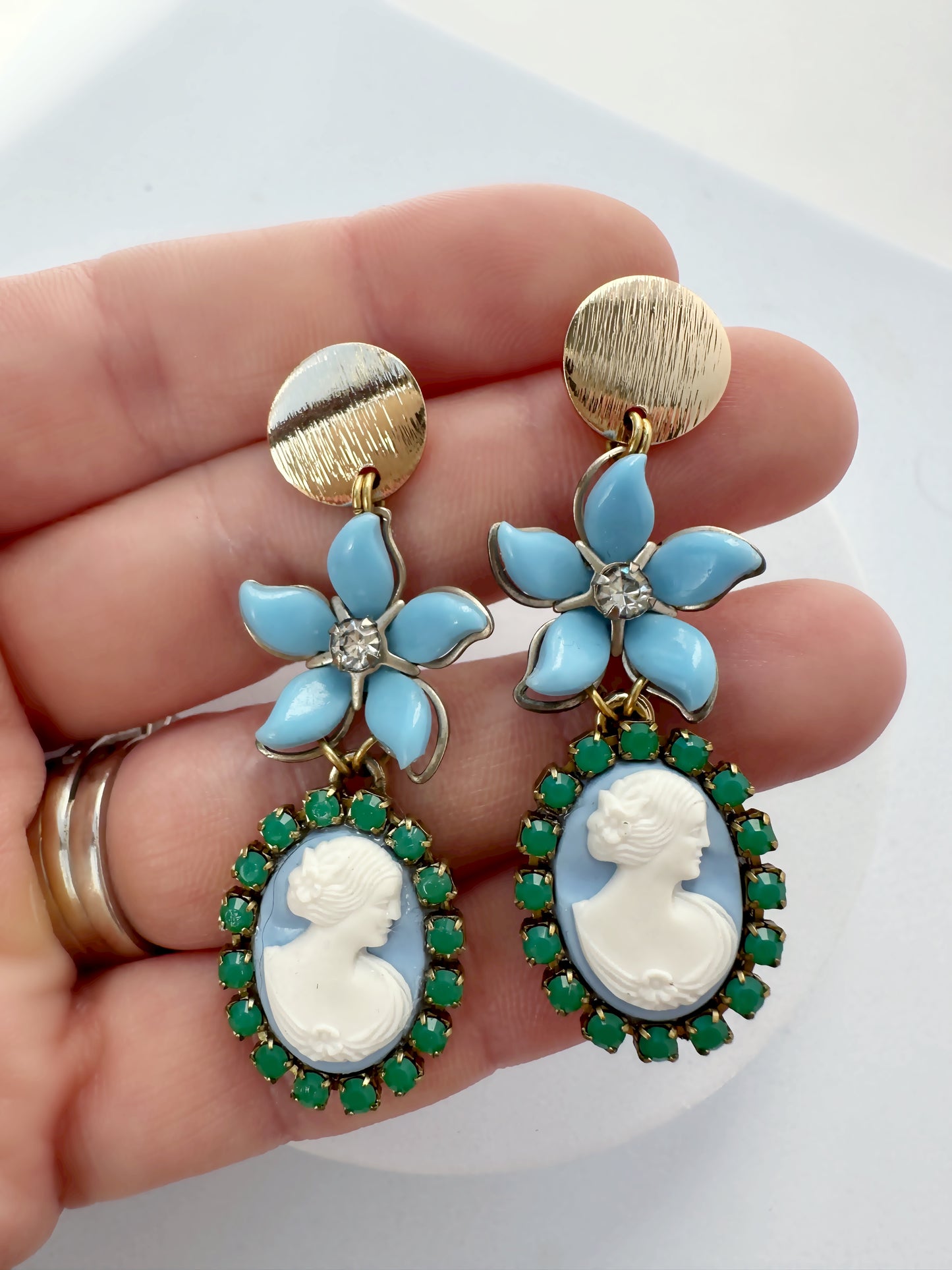 Refashioned baby blue and green vintage cameo earring with flower link