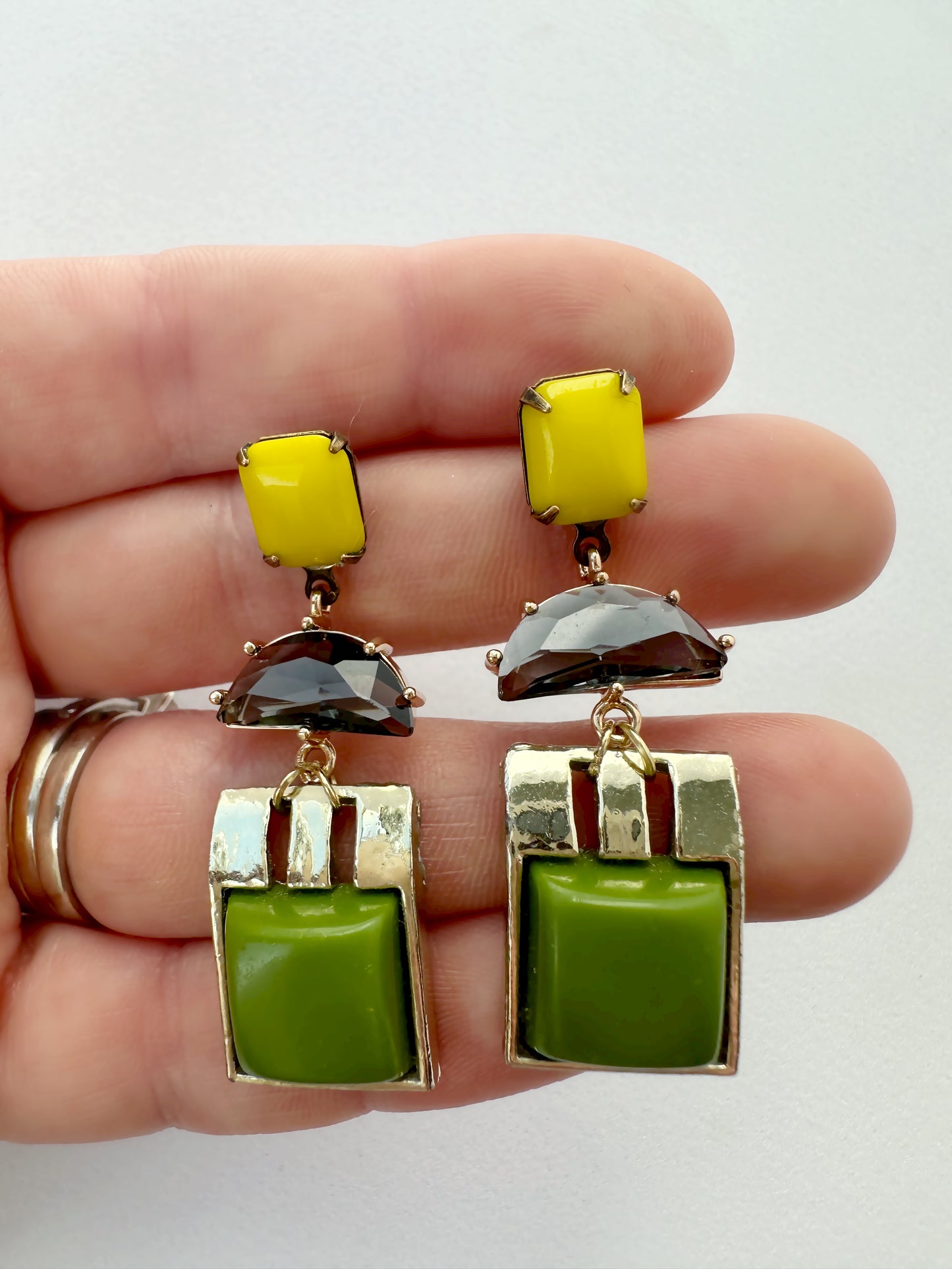 Repurposed vintage yellow, black and olive green geometric statement earrings