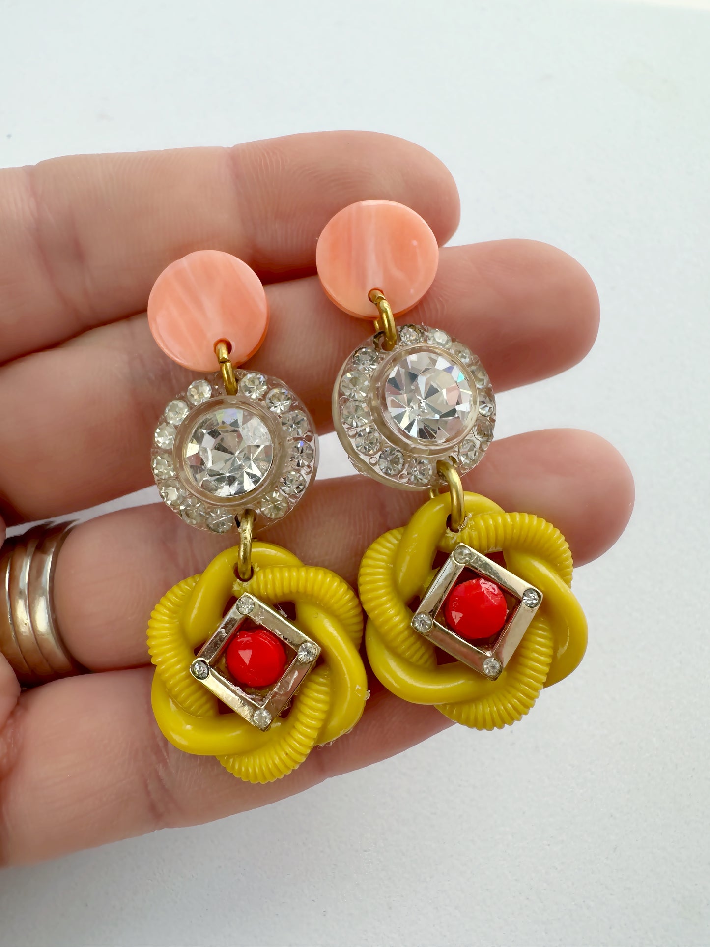 Yellow, pink, and red vintage refashioned rhinestone assemblage earrings