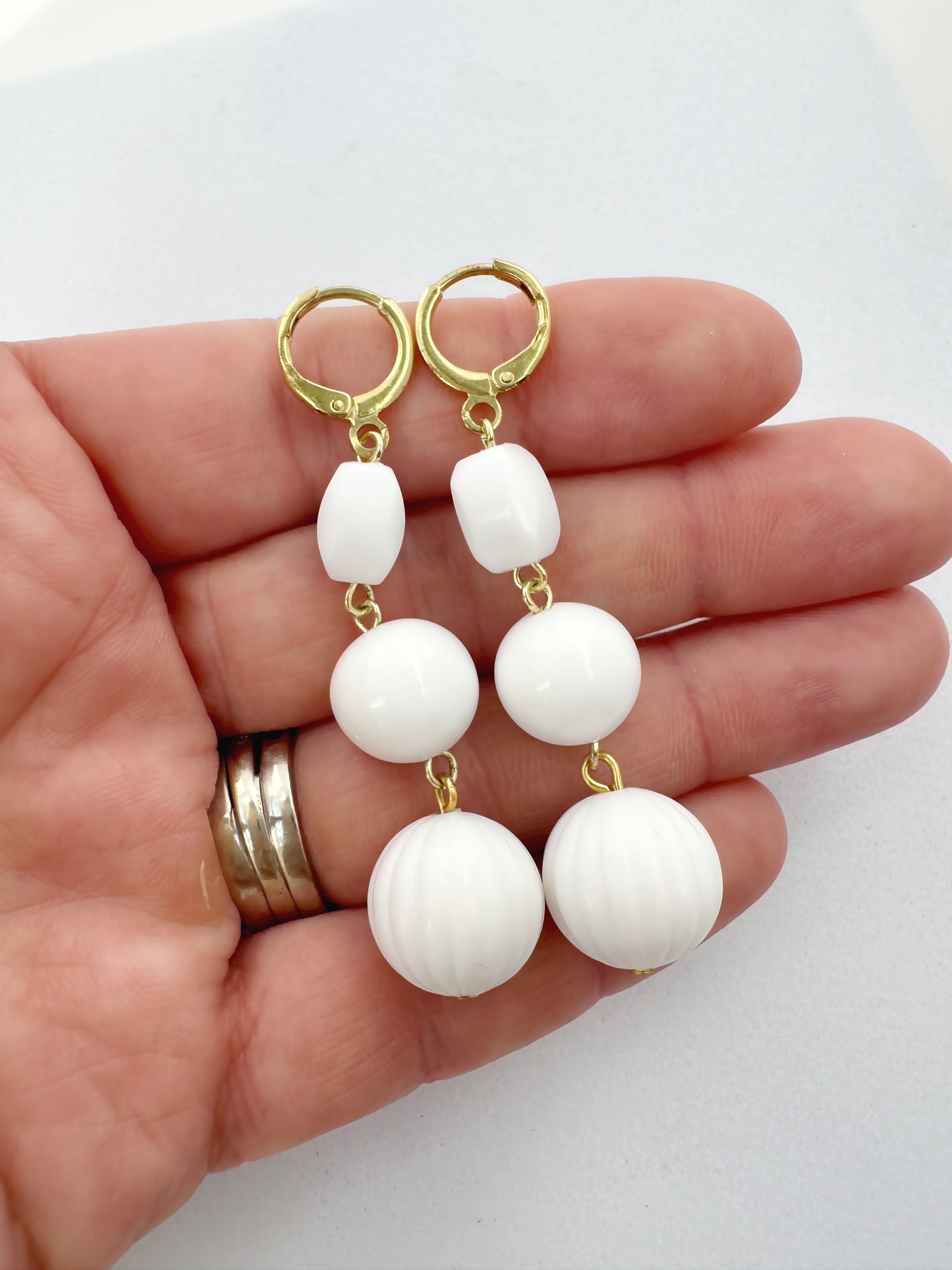 Refashioned 3-tier white vintage bead earrings with brass lever backs