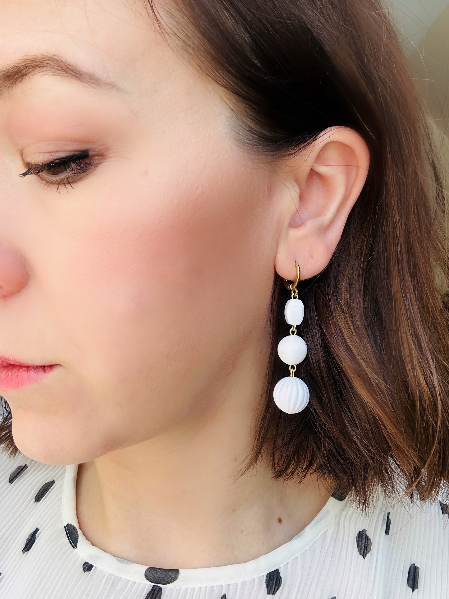 Refashioned 3-tier white vintage bead earrings with brass lever backs