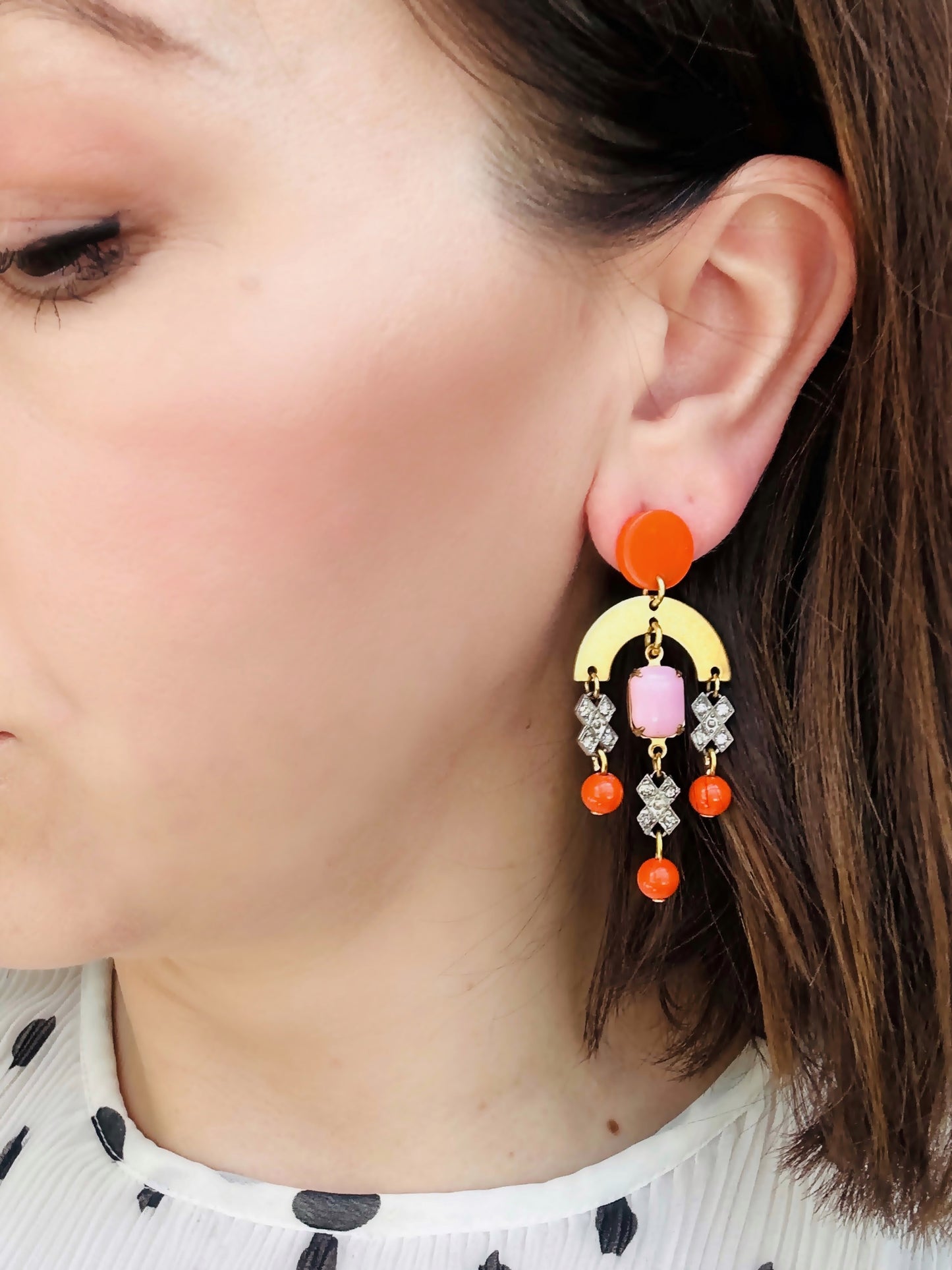 Refashioned vintage pink, orange, and rhinestone chandelier earrings w/ brass arc