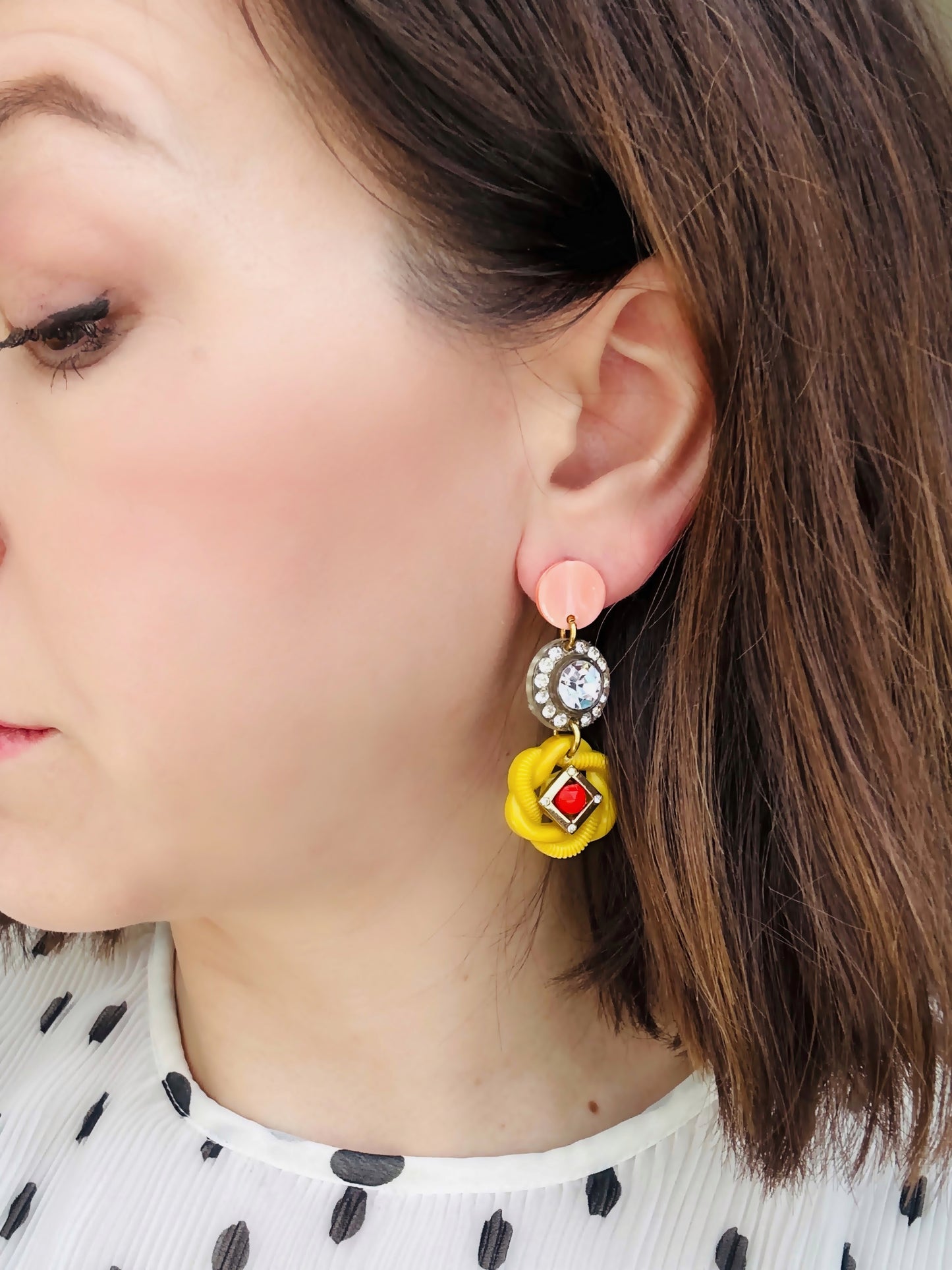 Yellow, pink, and red vintage refashioned rhinestone assemblage earrings