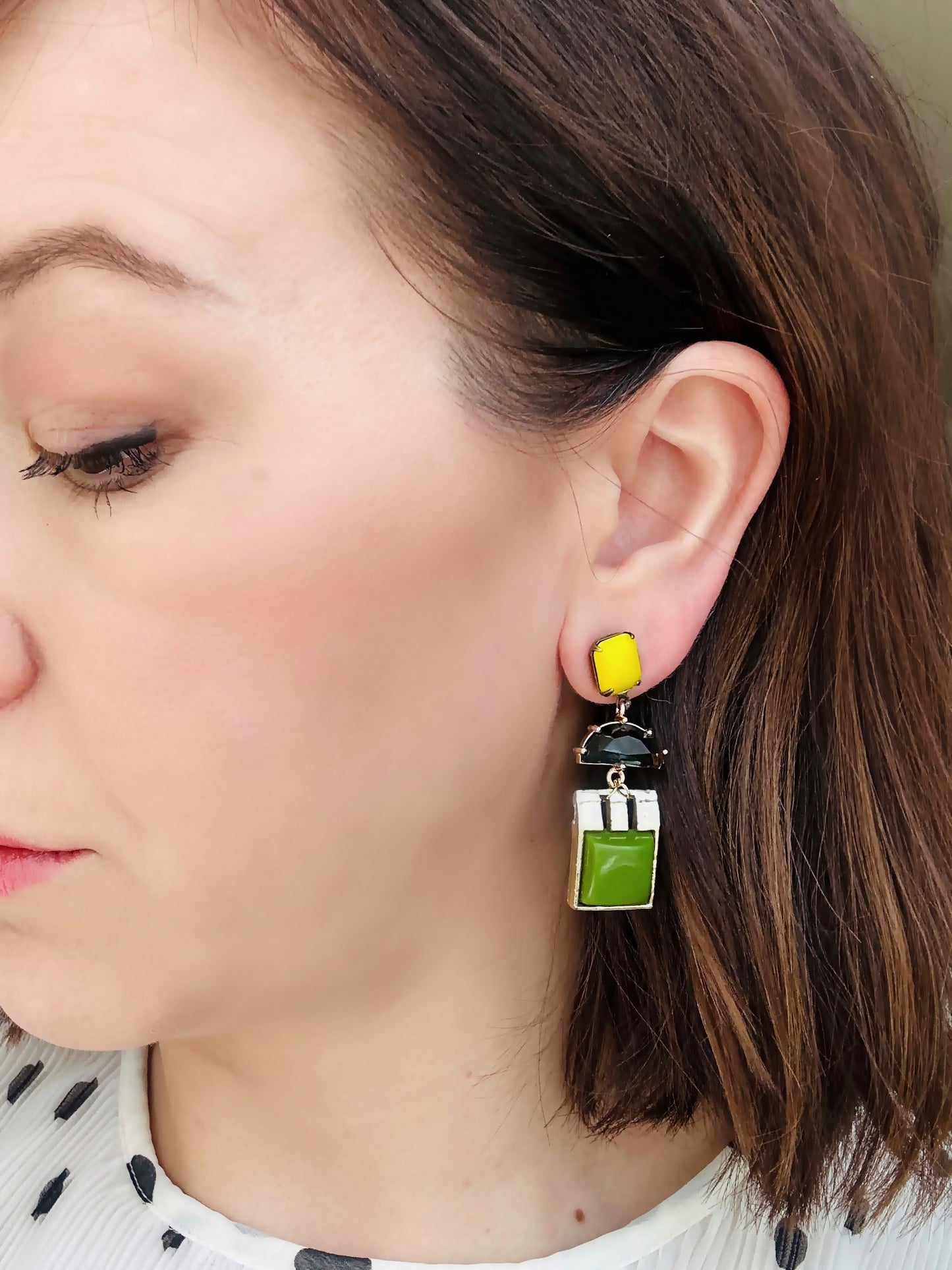 Repurposed vintage yellow, black and olive green geometric statement earrings