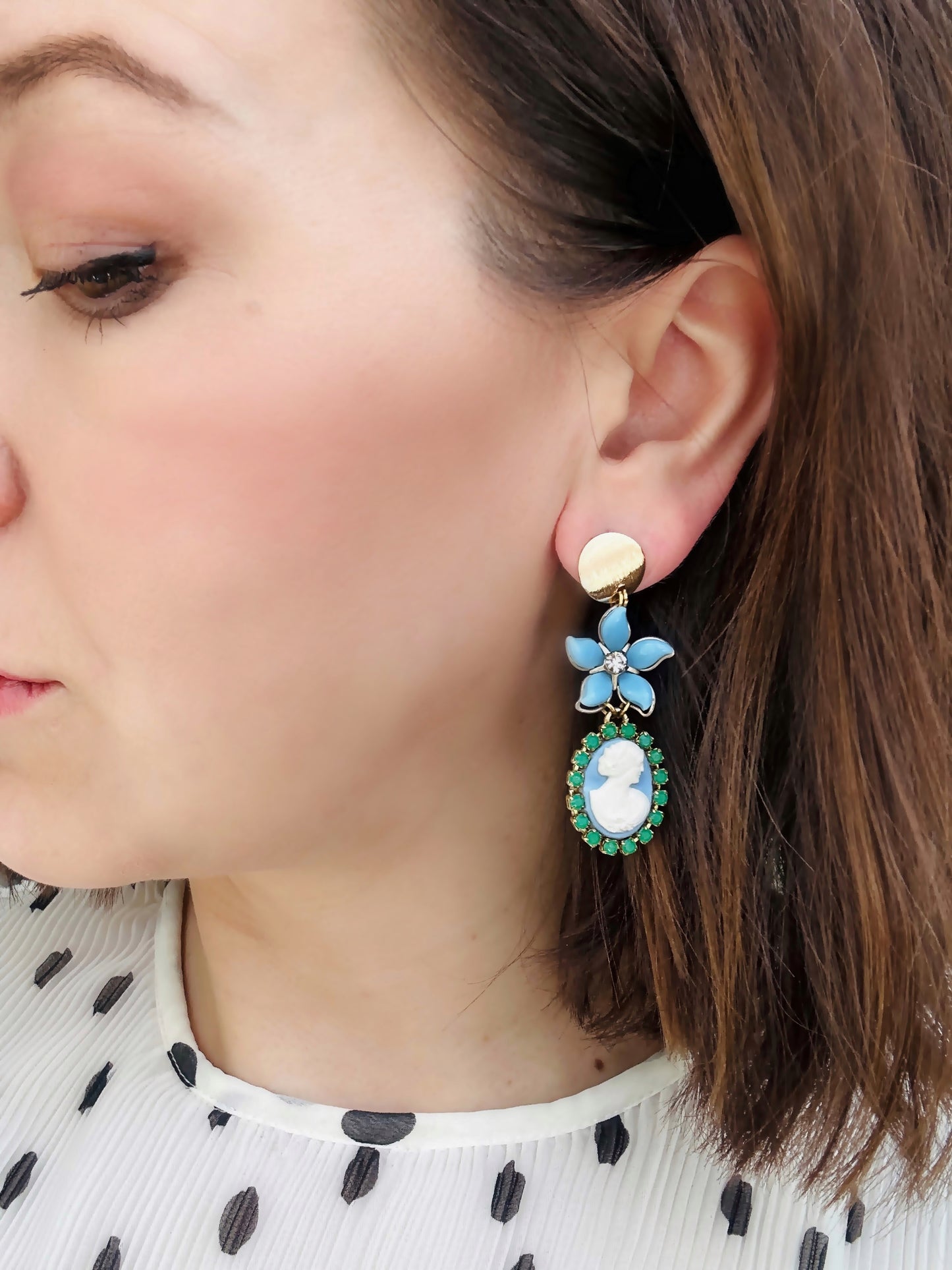 Refashioned baby blue and green vintage cameo earring with flower link