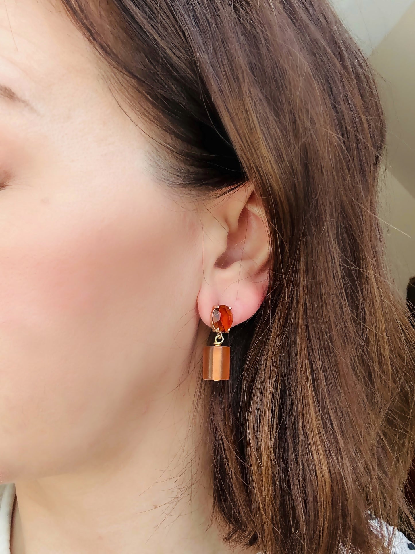 Refashioned cognac cylinder beaded earrings with topaz crystal post