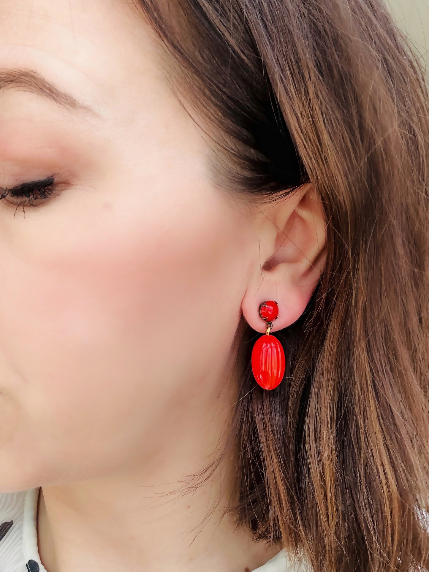 Refashioned red vintage fluted oblong bead earrings with red opaque glass posts