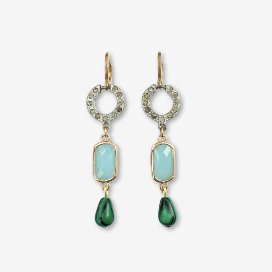 Refashioned vintage pale blue, rhinestone, and malachite green earrings