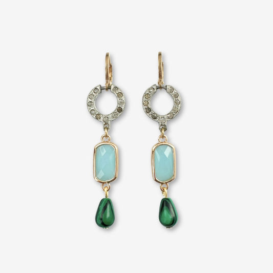 Refashioned vintage pale blue, rhinestone, and malachite green earrings
