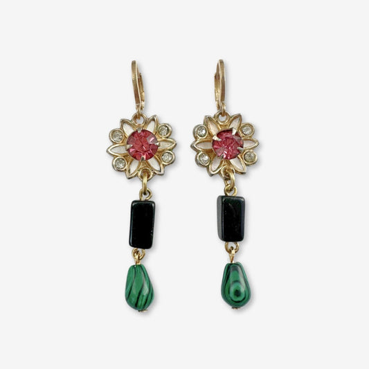 Refashioned vintage black, green, and pink rhinestone earrings