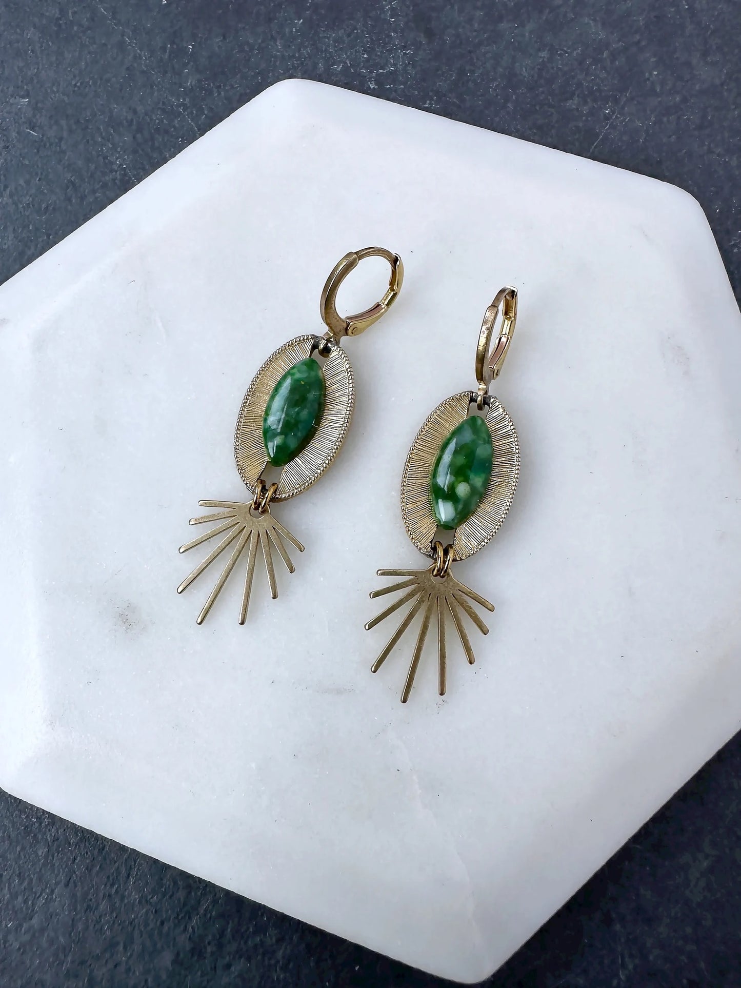 Refashioned vintage gold oval and green cabochon earrings with sunburst drop