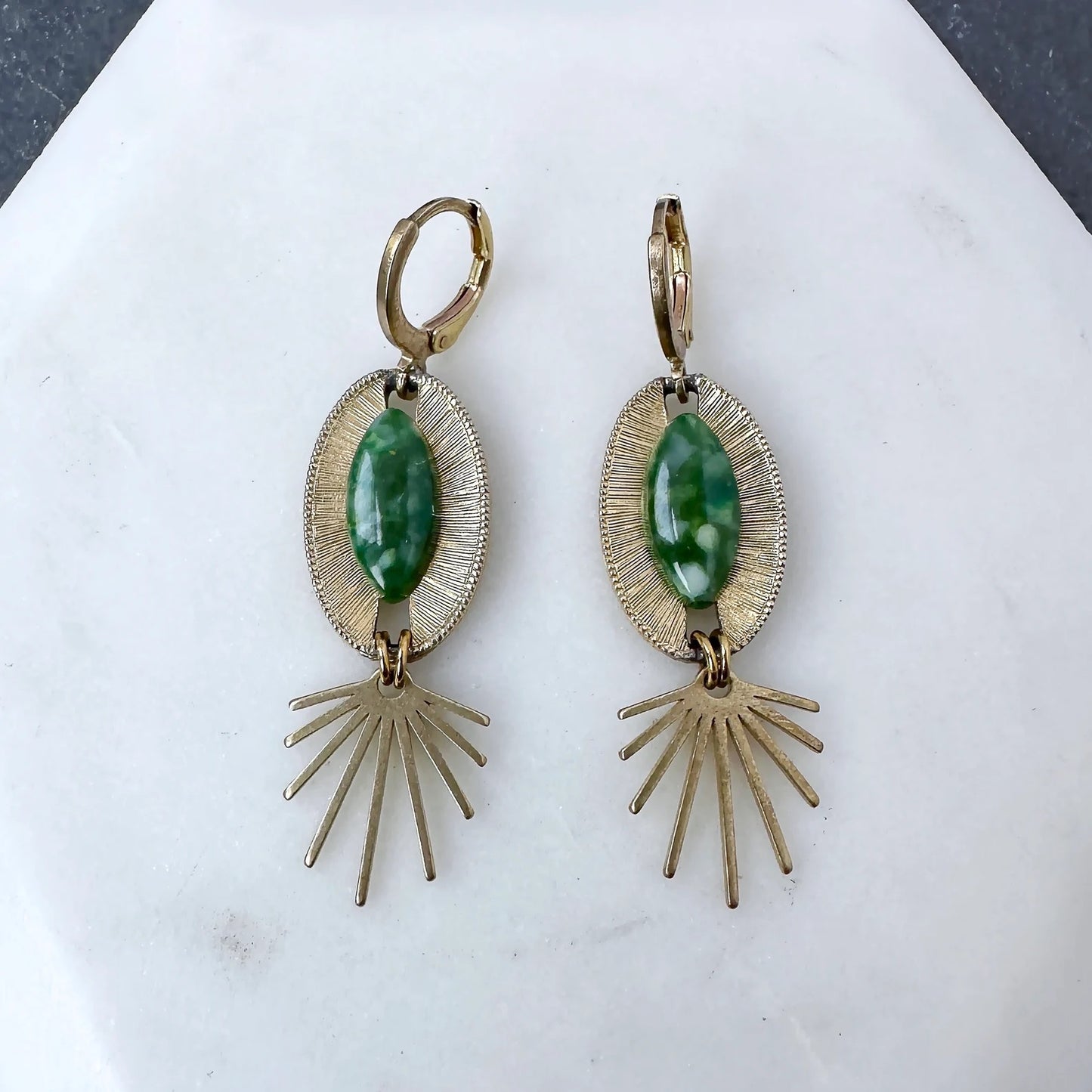 Refashioned vintage gold oval and green cabochon earrings with sunburst drop