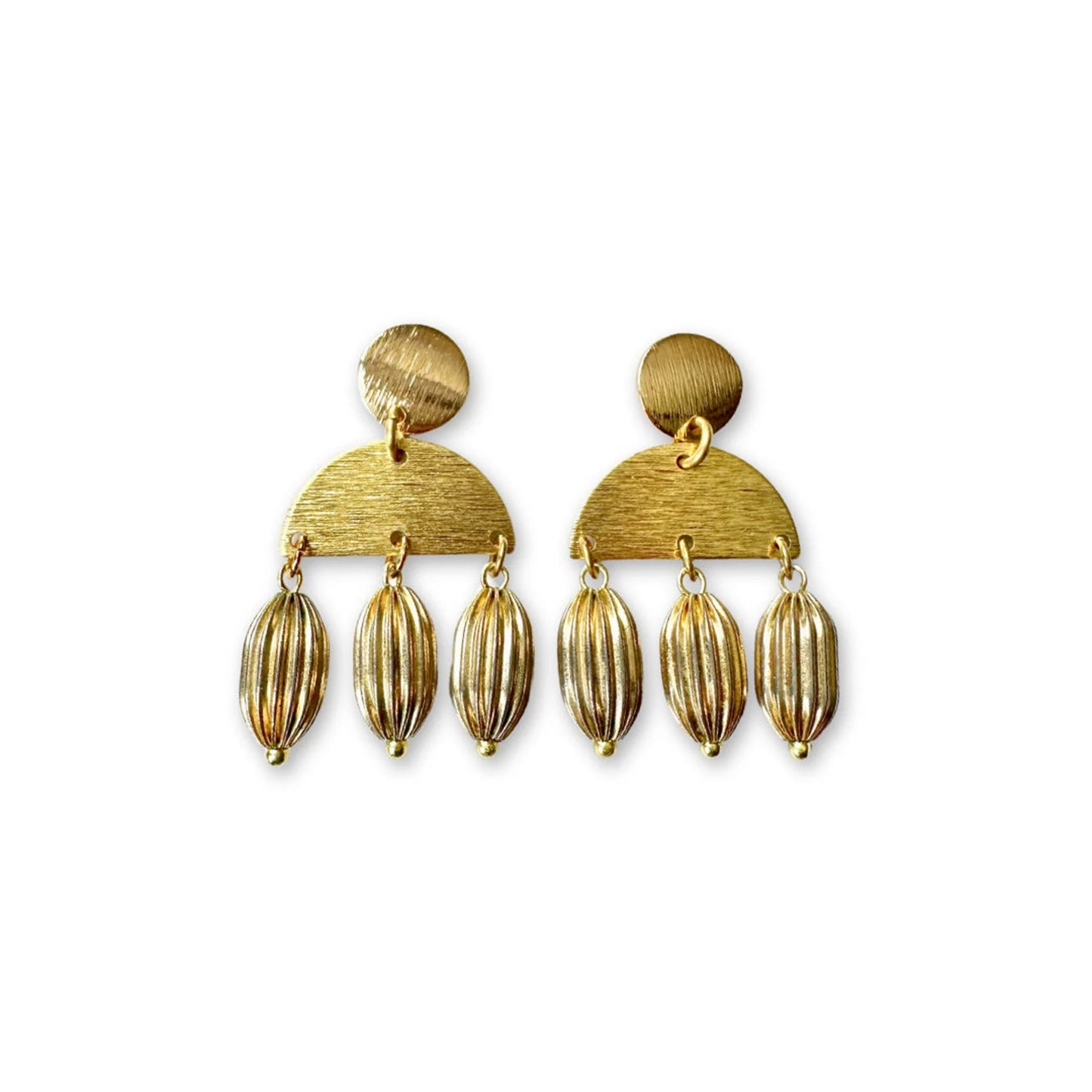 Repurposed vintage fluted metal bead earrings with brass semicircle