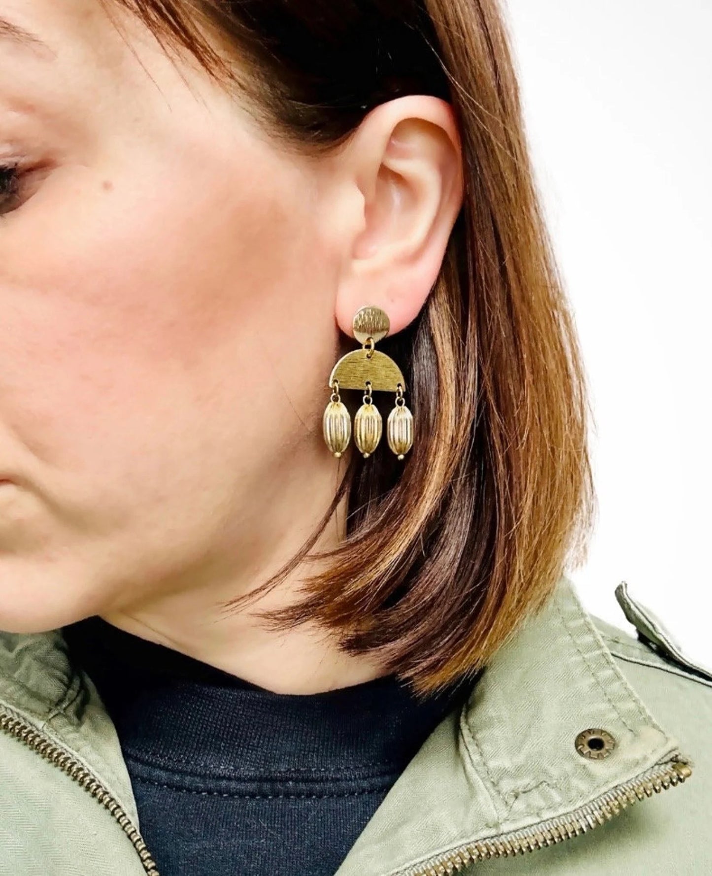 Repurposed vintage fluted metal bead earrings with brass semicircle