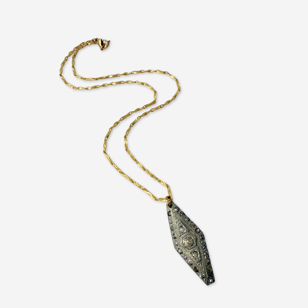 Refashioned vintage art deco rhinestone pendant on thin gold chain