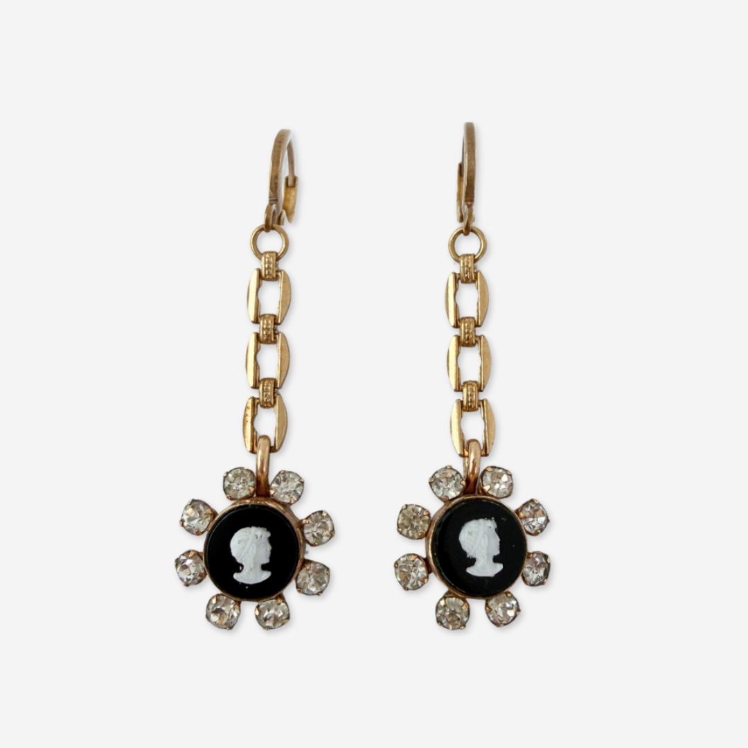 Black and gold refashioned vintage rhinestone cameo earrings