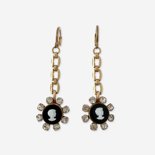 Black and gold refashioned vintage rhinestone cameo earrings