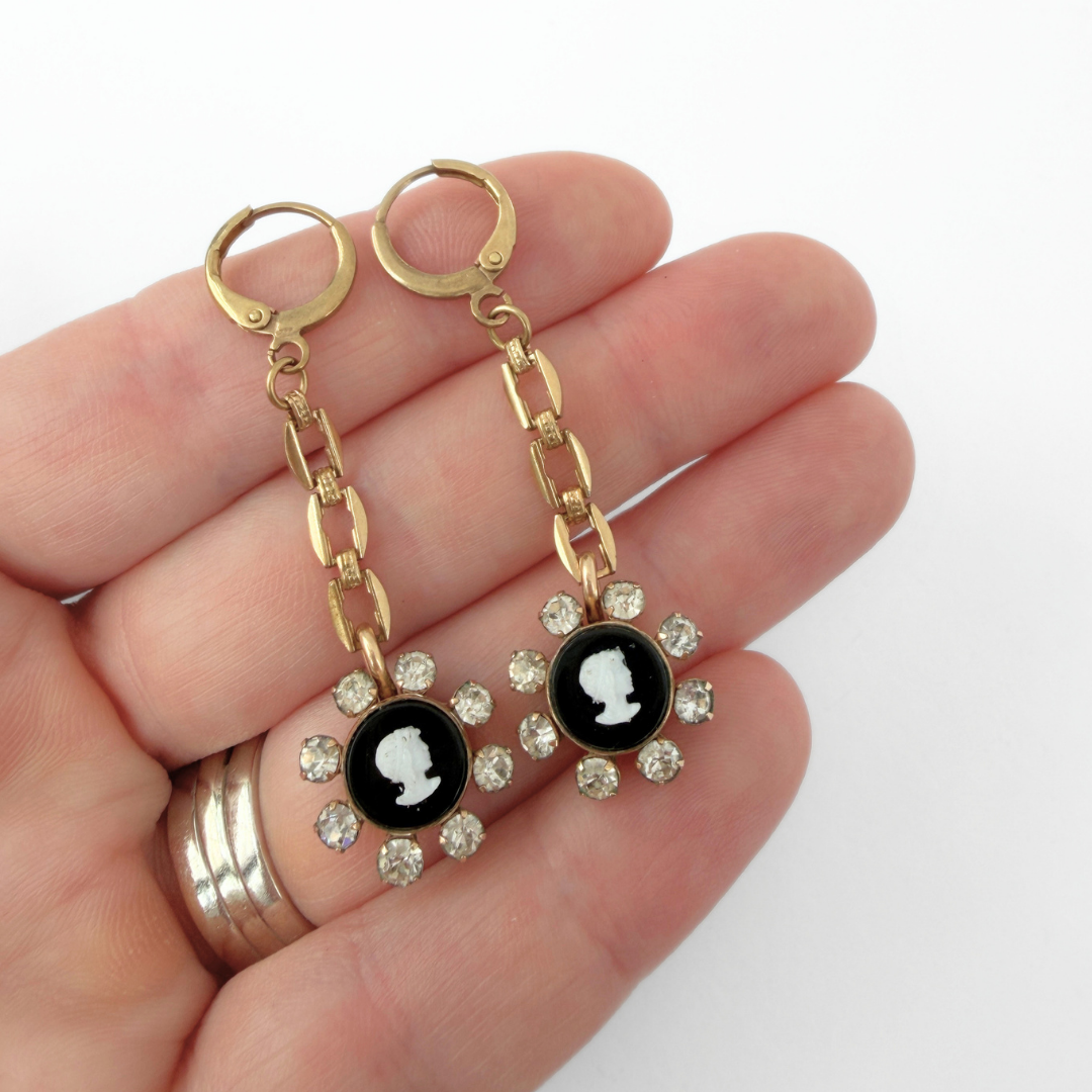 Black and gold refashioned vintage rhinestone cameo earrings