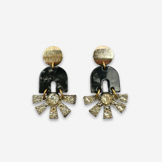 Refashioned vintage rhinestone sunburst and black acetate statement earrings