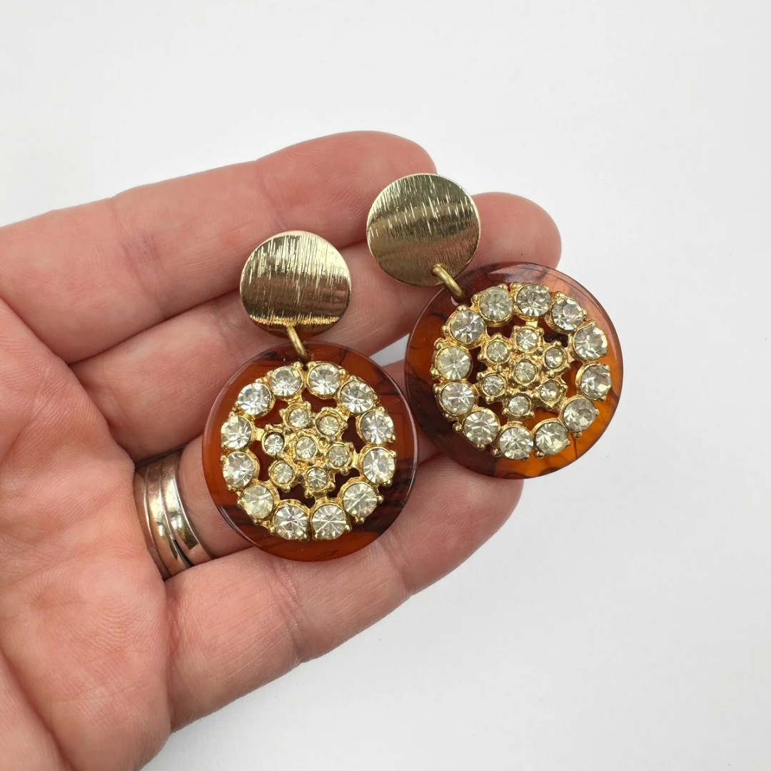 Vintage rhinestone embellished tortoise shell acetate disc earrings