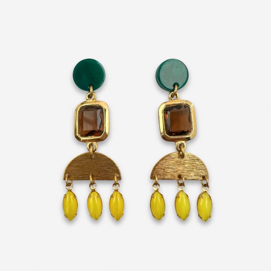 Repurposed green, brown, and yellow vintage assemblage earrings