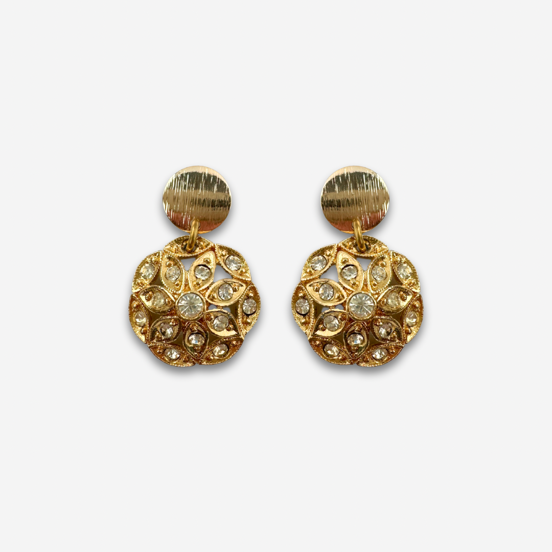 Gold tone vintage rhinestone button earrings