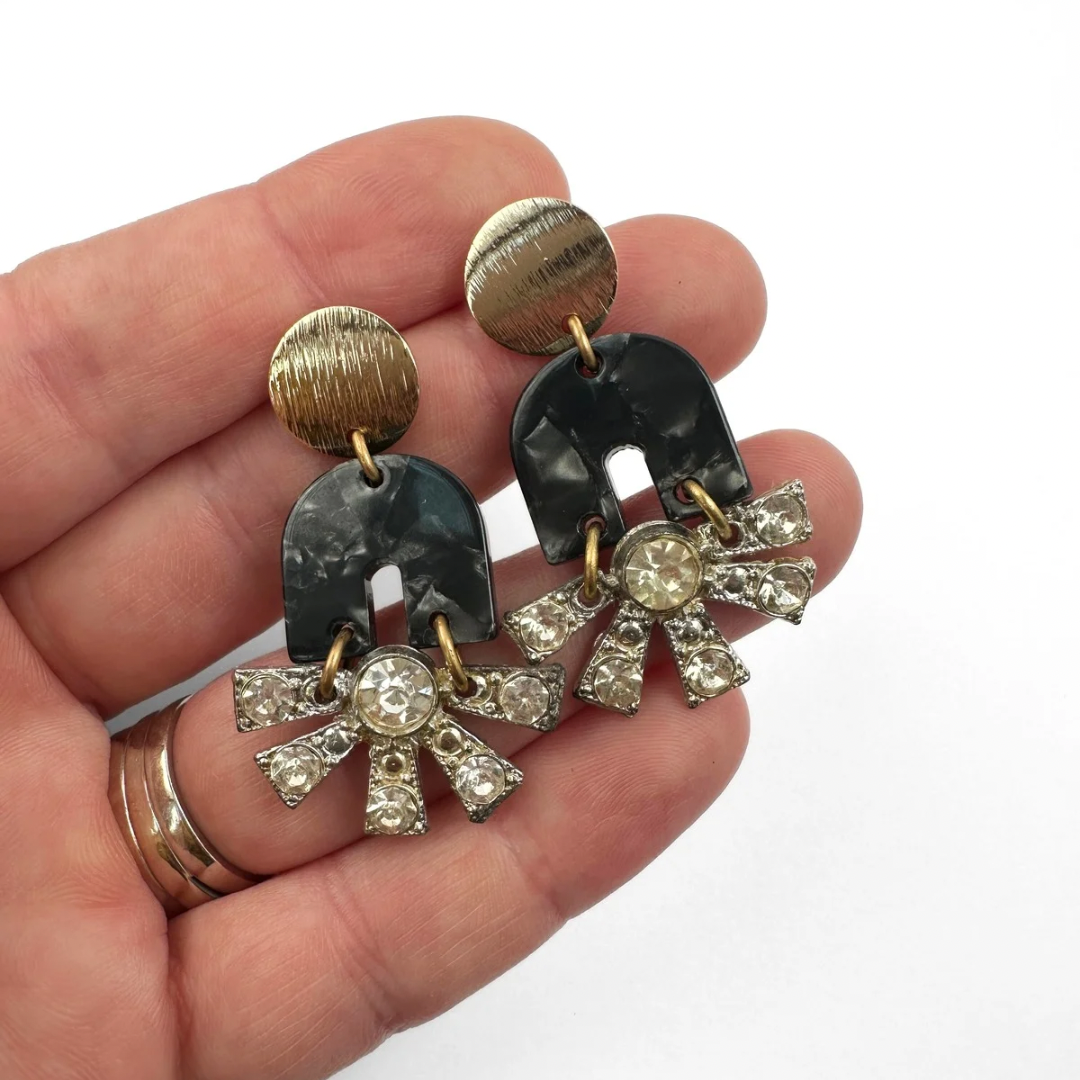 Refashioned vintage rhinestone sunburst and black acetate statement earrings