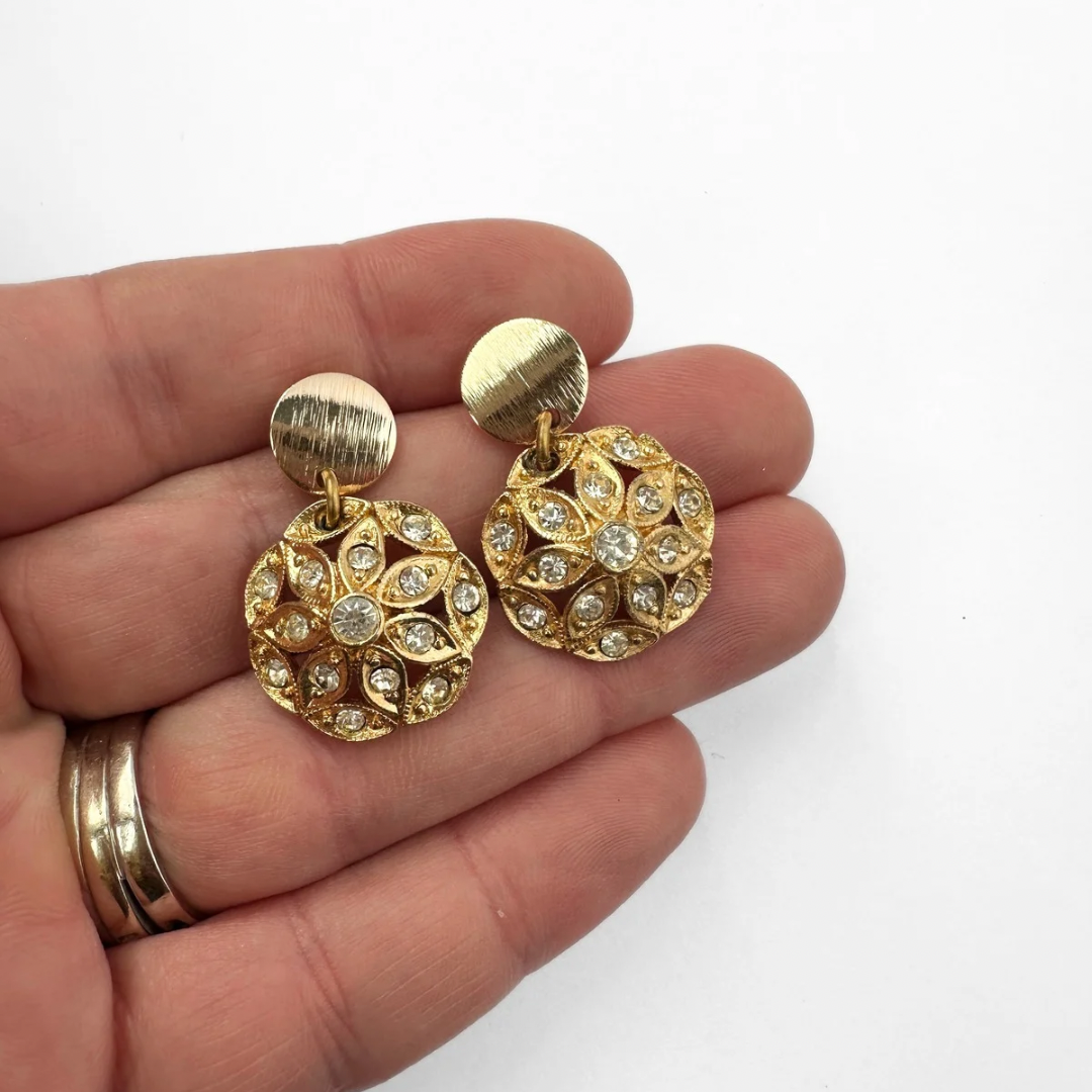 Gold tone vintage rhinestone button earrings