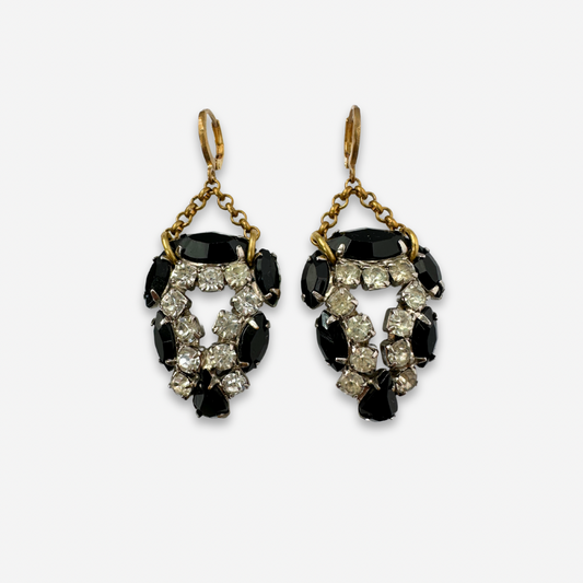 Vintage large clear and black rhinestone drop earrings with brass chain