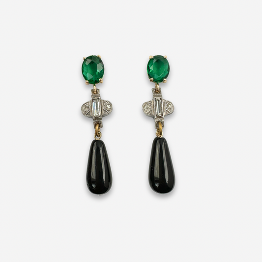 Vintage rhinestone deco link earrings with black teardrop and green posts