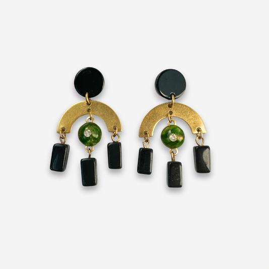 Refashioned vintage black, green bakelite, and brass arc chandelier earrings