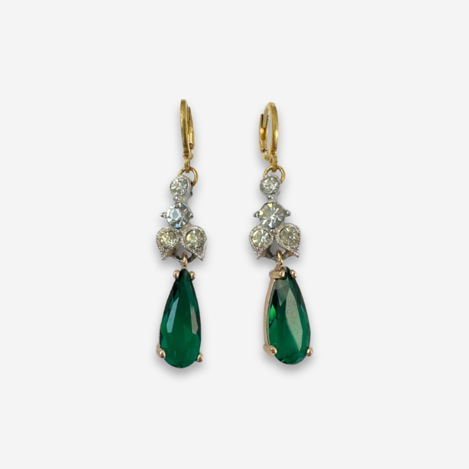 Repurposed vintage rhinestone link earrings with green teardrop