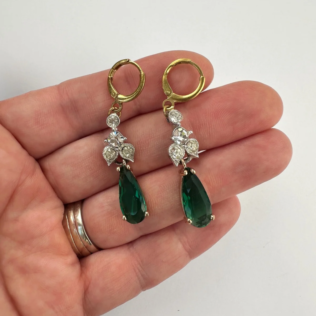 Repurposed vintage rhinestone link earrings with green teardrop