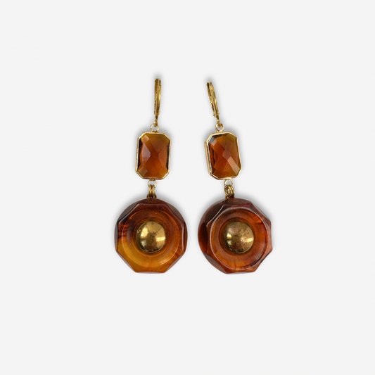 Refashioned tortoise bakelite button earrings with amber crystal links