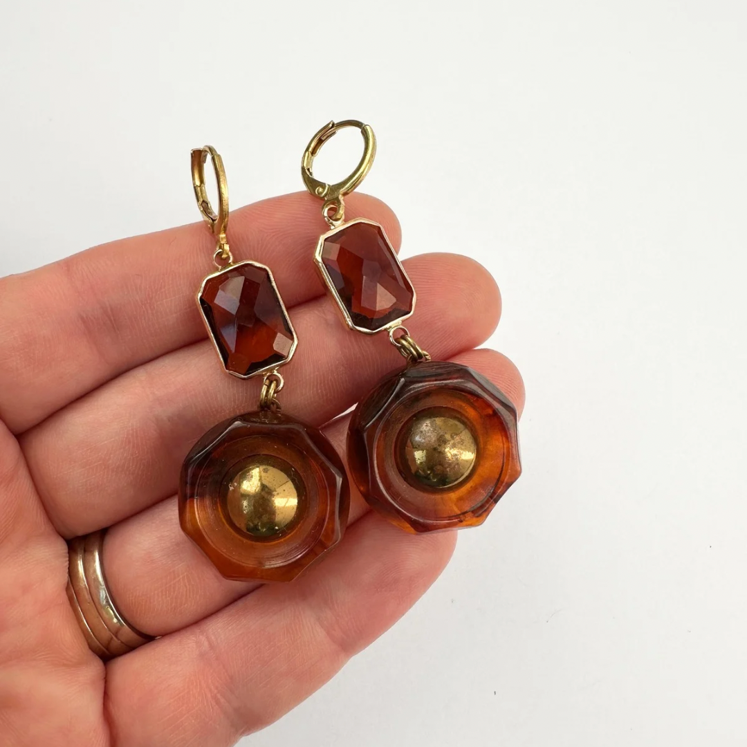 Refashioned tortoise bakelite button earrings with amber crystal links