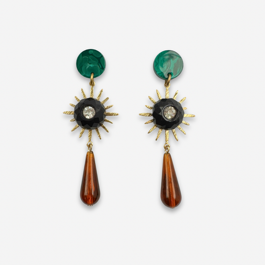 Repurposed green, black, and tortoise vintage sunburst assemblage earrings