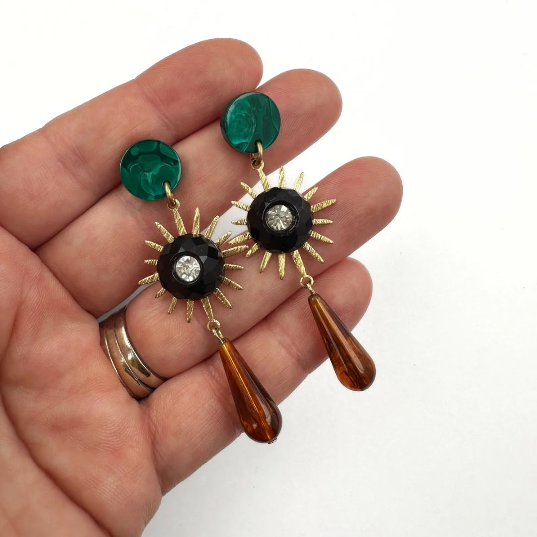 Repurposed green, black, and tortoise vintage sunburst assemblage earrings