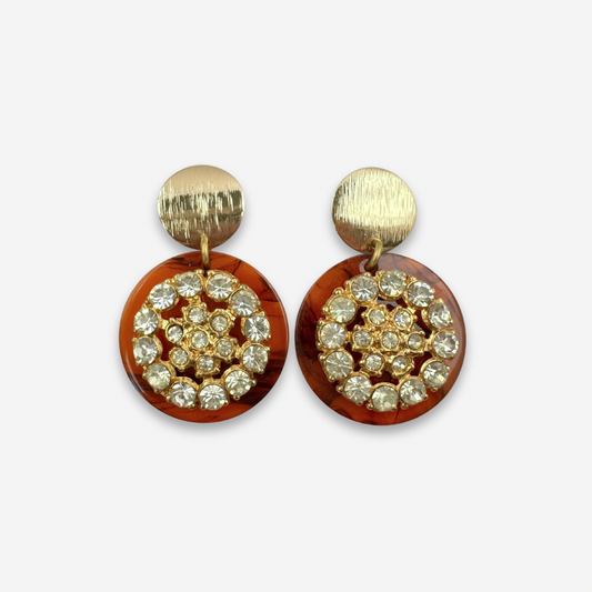 Vintage rhinestone embellished tortoise shell acetate disc earrings