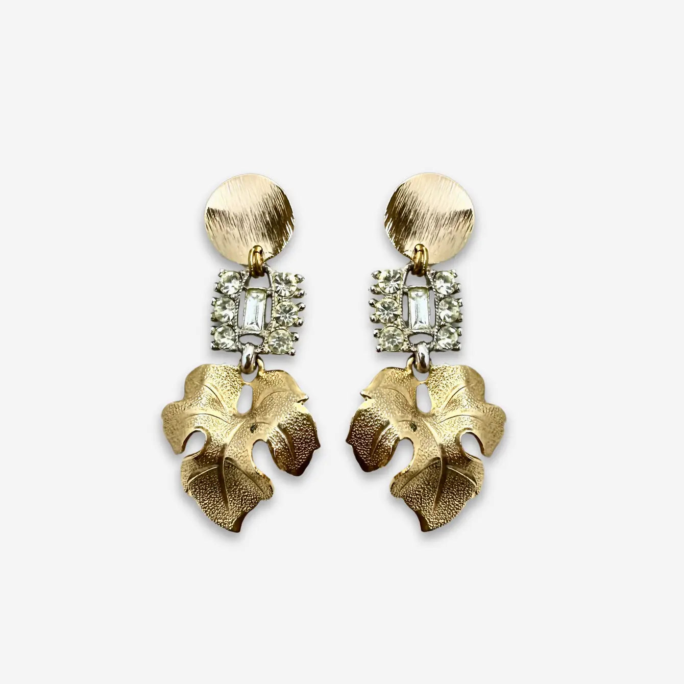 Refashioned vintage clear rhinestone Bogoff link earrings with vintage leaf drops