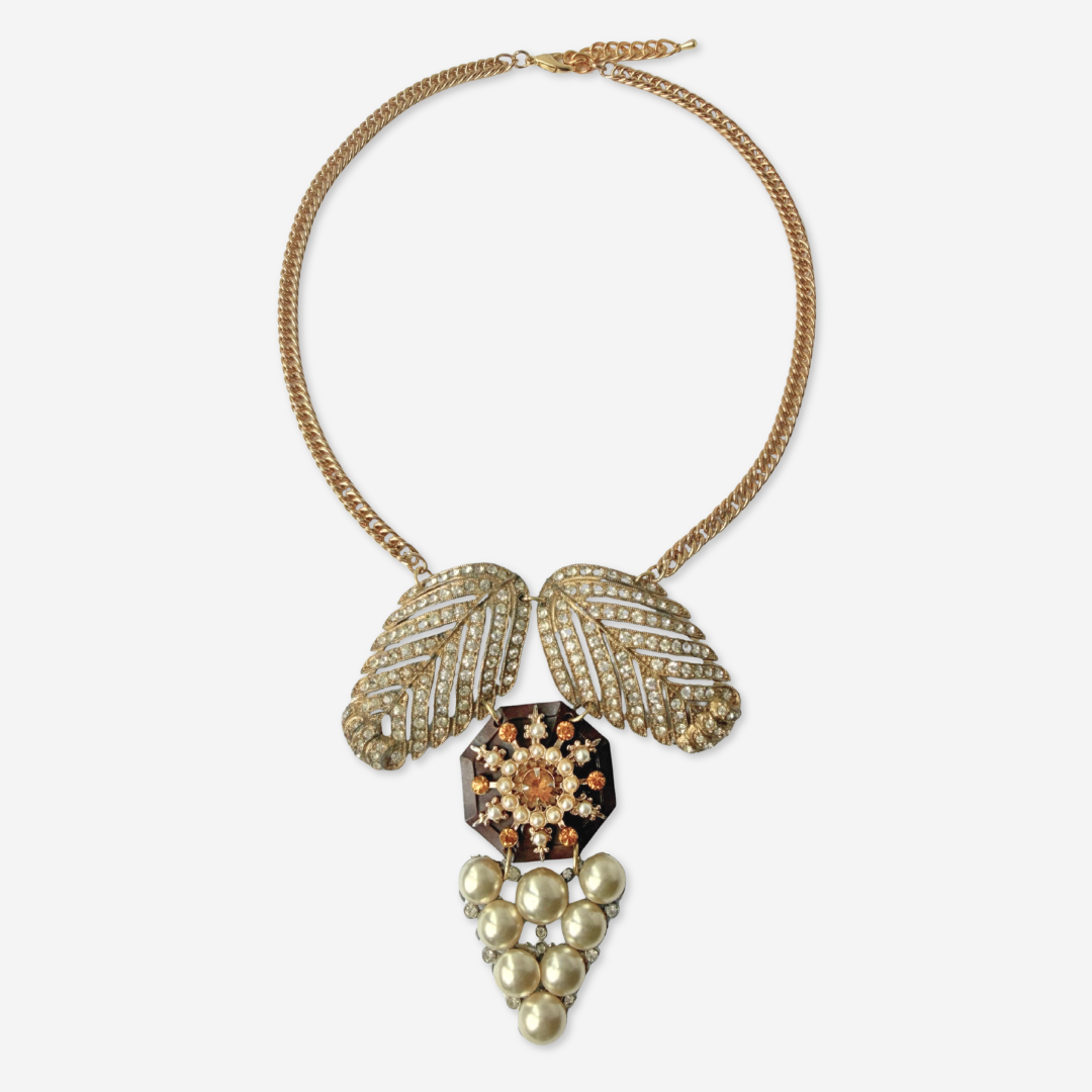 Repurposed Vintage topaz, brown, gold, and pearl assemblage statement necklace
