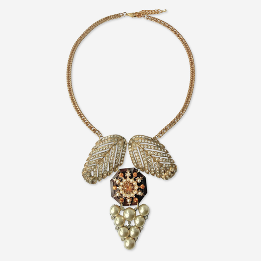 Repurposed Vintage topaz, brown, gold, and pearl assemblage statement necklace