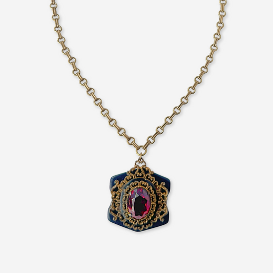 Repurposed ruby red ornate oval pendant on navy acrylic base
