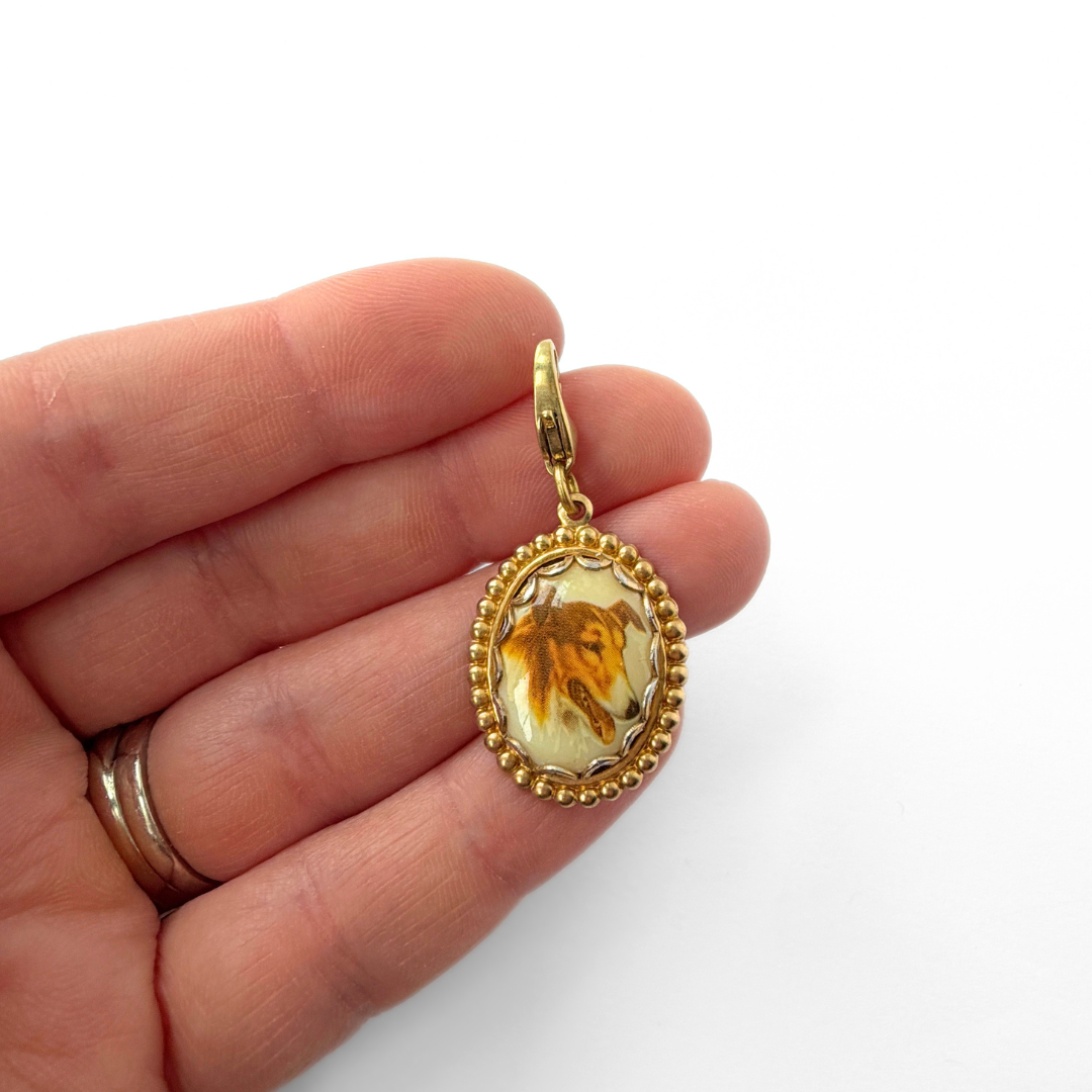 Refashioned vintage oval collie portrait charm